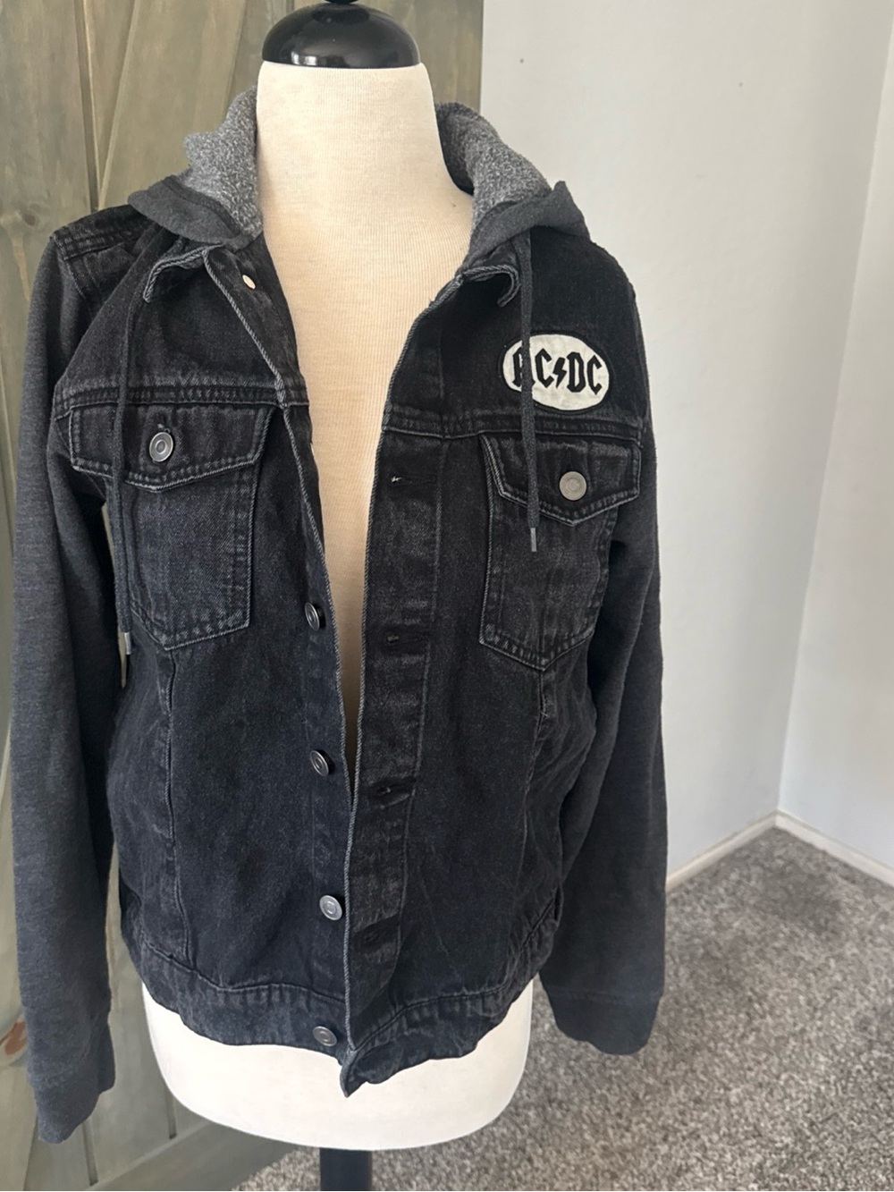 AC/DC Black Denim Jacket with Hood Small